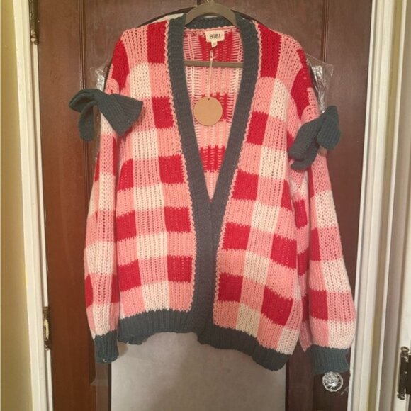 BiBi Pink and Red Checkered Cardigan with Green Accents - Picture 1 of 1